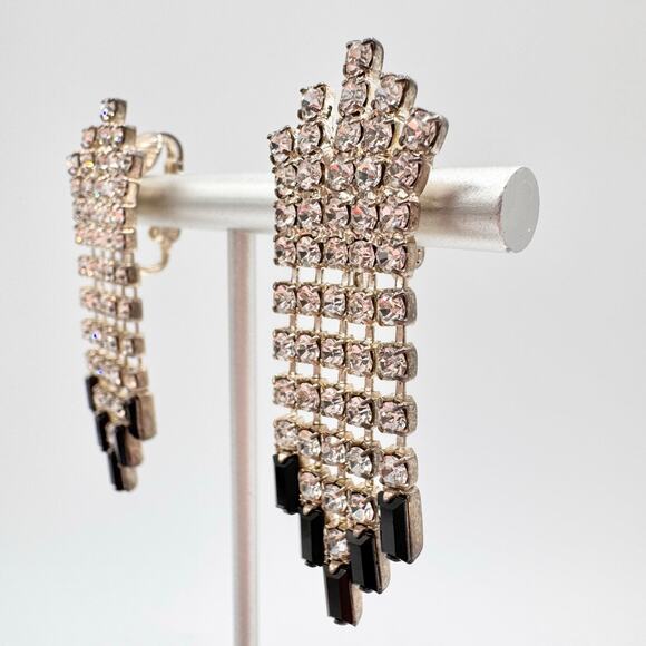 Vintage Art Deco Style Rhinestone Fringe Chandelier Clip On Earrings Regency - Picture 4 of 12